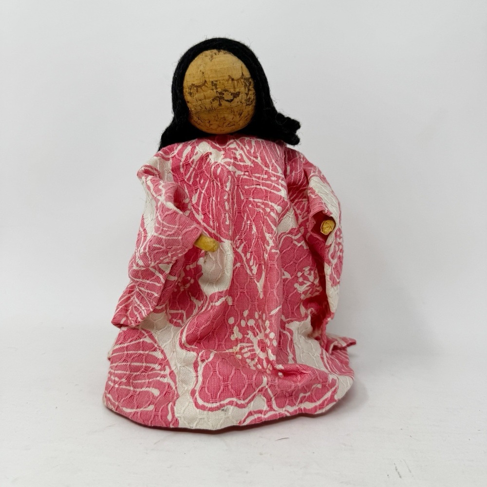 Vintage FOLK ART 7.5 DOLL CORK HEAD Japanese Yarn Hair Collector Pink Dress Girl